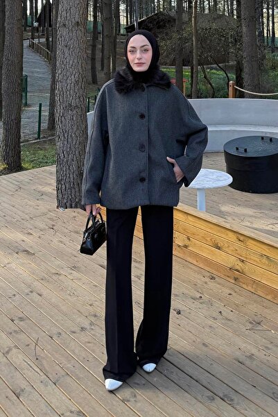 lamelif Fur Collared Coat Anthracite