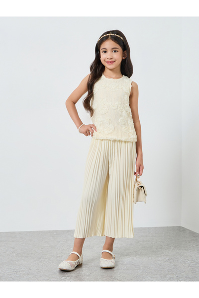 Styli Girls White Embellished Top and Pleated Trousers Set