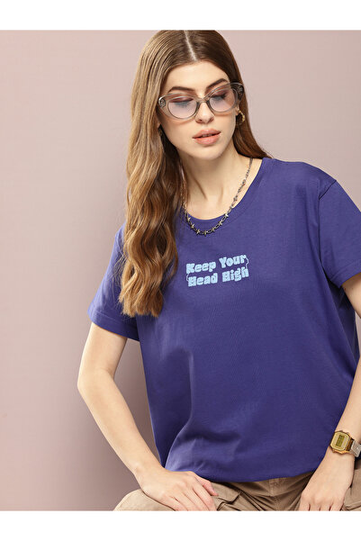 Dillinger By Styli Women Blue Boxy Fit Embossed Print T-Shirt