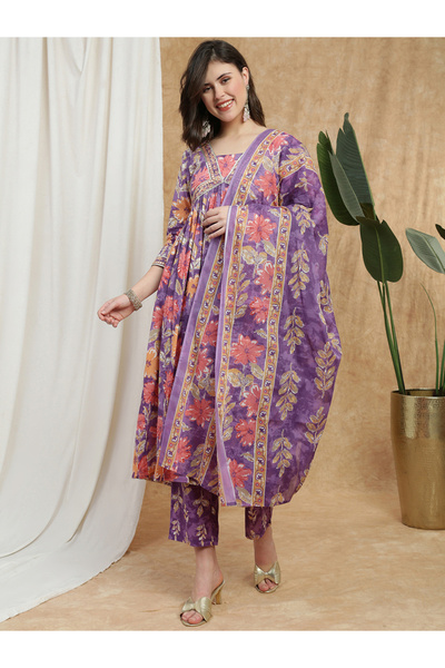 Globus By Styli Women Purple Floral Embroidered Kurta with Pant and Dupatta Set