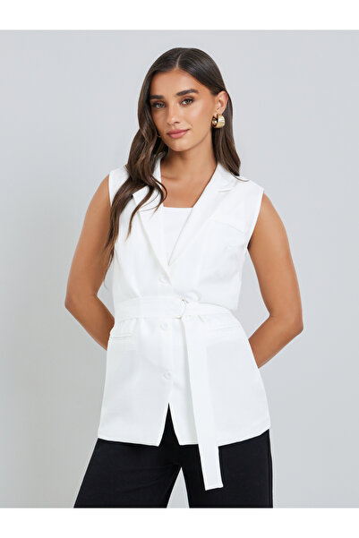 Styli Women White Belted Sleeveless Blazer