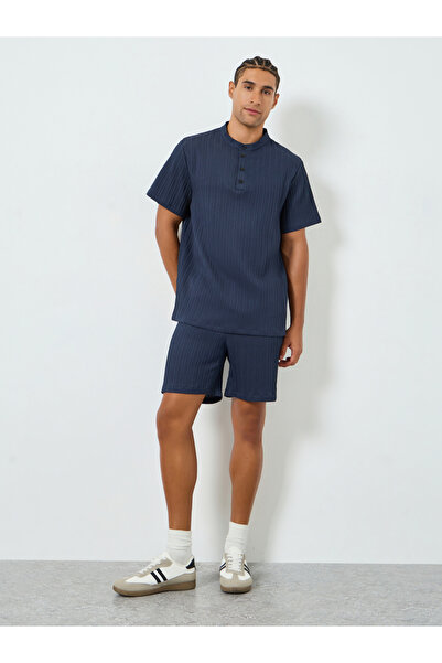 Take Two By Styli Men Navy Blue Textured T-Shirt and Shorts Co-Ords