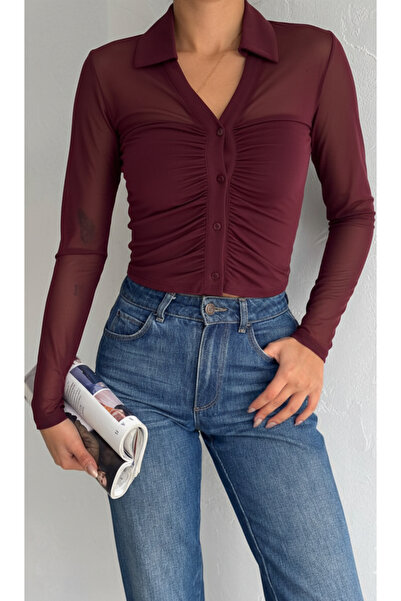 QUTTA Women's Burgundy Polo Collar Tulle Sleeve Blouse