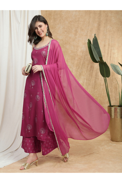 Globus By Styli Women Pink Floral Embroidered Strappy Kurta with Wide Leg Pan...