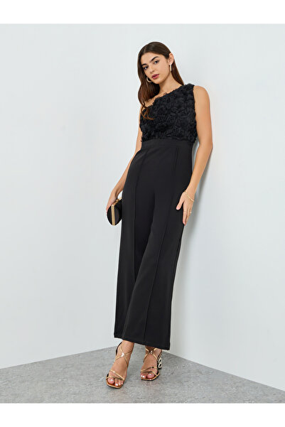 Styli Women Black One-Shoulder Wide Leg Jumpsuit