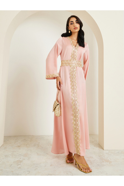 Styli Women Peach Gold Embroidery Kaftan