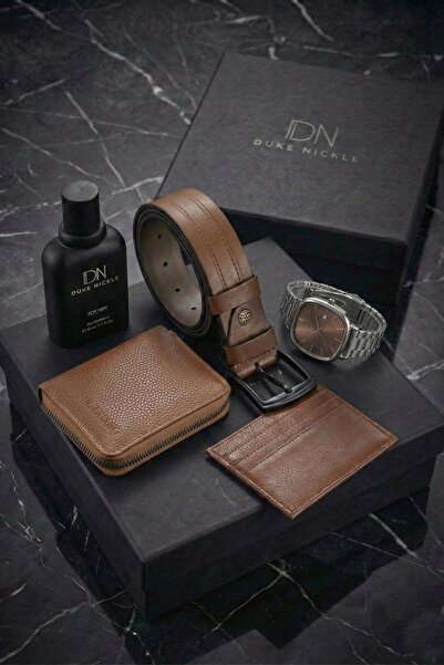 Duke Nickle Erkek Gümüş Kol Saati Kahverengi Kemer Cüzdan Kartlık Parfüm Seti