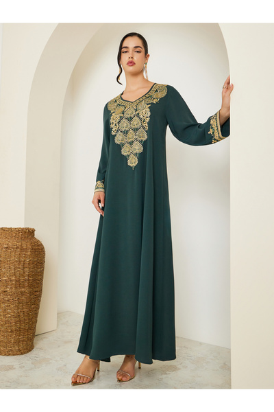 Styli Women Emerald Green Jalabiya with Gold Embroidery