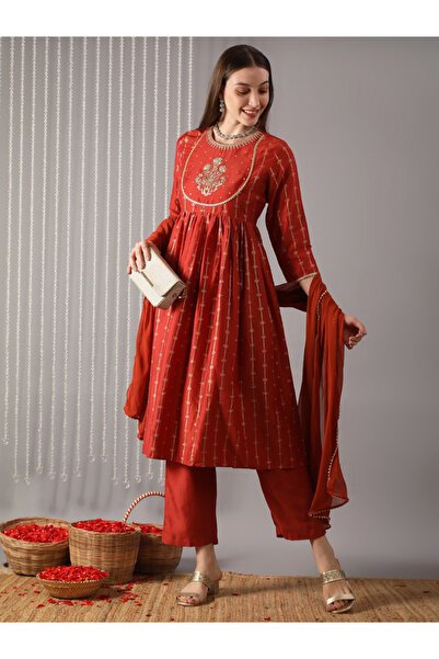 Globus By Styli Women Rust Ethnic Motif Print Embroidered Kurta with Pant and...