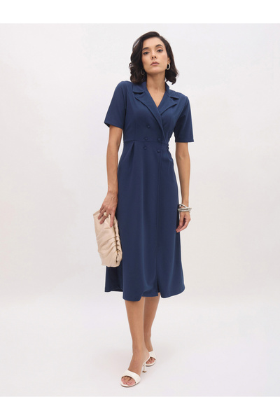 Sassafras By Styli Women Blue Notch Collar Button Midi Dress