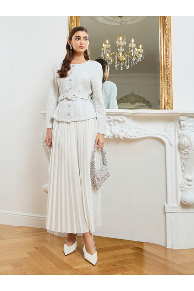 Styli طقم نسائي أبيض من التويد مكون من بلوزة وتنورة مطوية