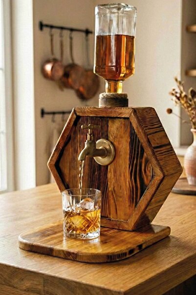 MiniVagon Doğal Ahşap Musluklu İçki Standı Viski Çeşmesi Dekoratif Sunum Ünit...