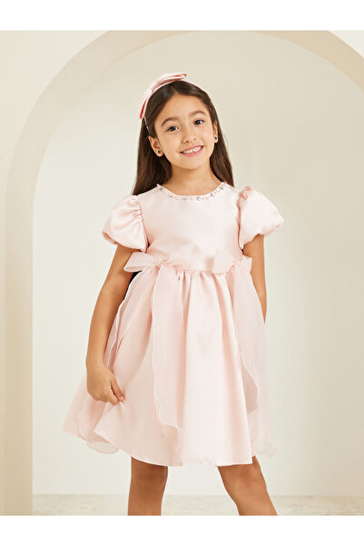 Styli Girls Pink Embellished Puff Sleeve Dress