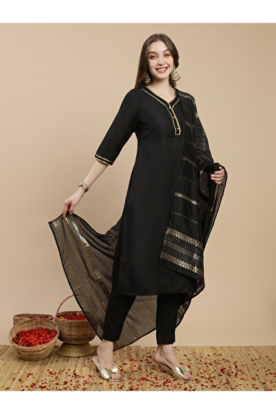 Globus By Styli Women Black Straight Kurta with Pant and Matching Dupatta Set