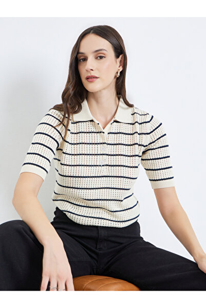 Styli Women Striped Flat Knit 100% Cotton Polo T-Shirt