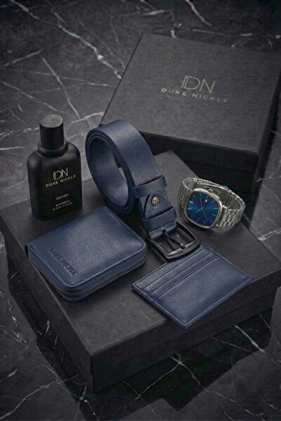 Duke Nickle Erkek Gümüş Kol Saati Lacivert Kemer Cüzdan Kartlık Parfüm Seti