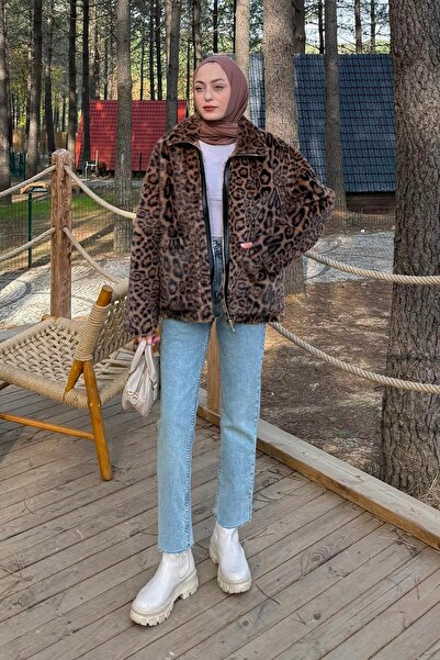 lamelif Leopard Pattern Coat Camel