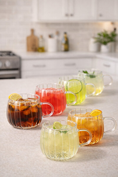 Kitchen Way Borosilicate 6-Piece Glass Soft Drink Mug Set 400ml Heat Resistan...