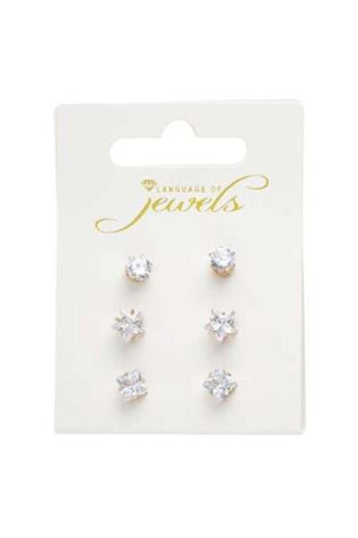 OEM Gold Stud Earrings with White Round Square Star Strass for Women - 3 Pairs