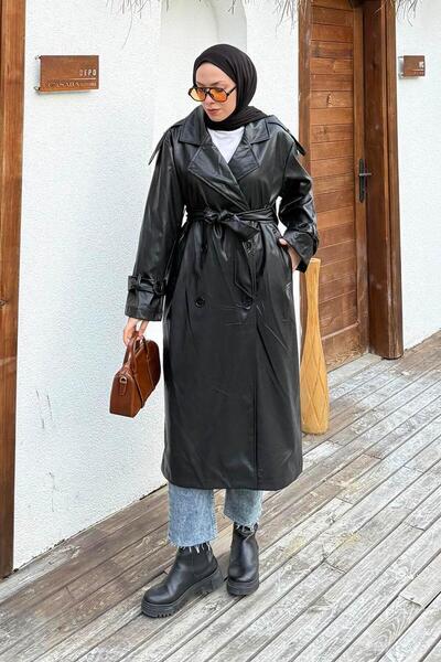 lamelif Shoulder Epaulet Leather Trench Coat Black