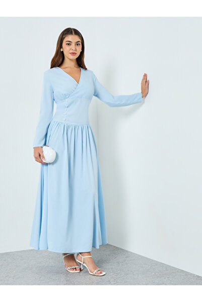 Styli Women Blue V-Neck A-Line Maxi Dress