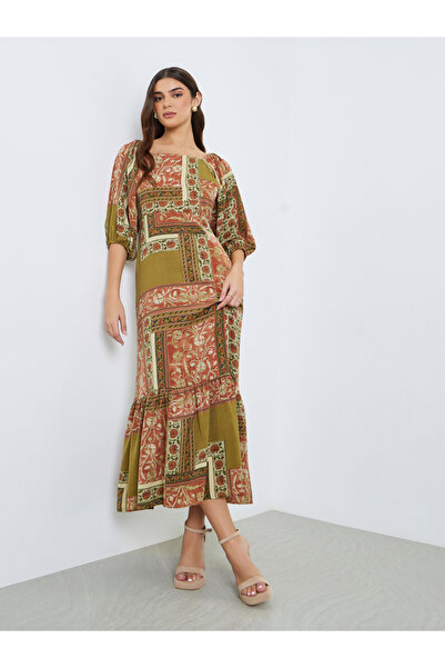 Styli Women Printed Puff Sleeve A-Line Maxi Dress