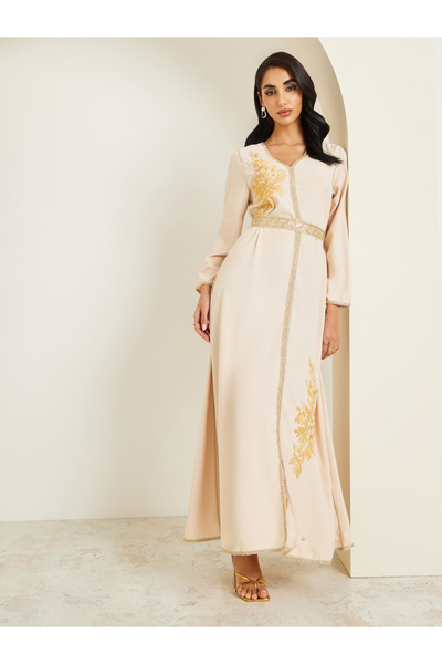 Styli Women Beige Golden Embroidered Kaftan