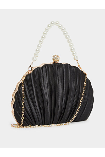 Styli Black Pleated Clutch with Faux Pearl Handle