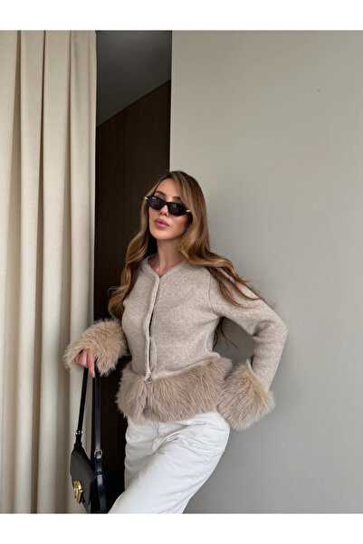Laluvia Cardigan bej cu mâneci din blană - 251104