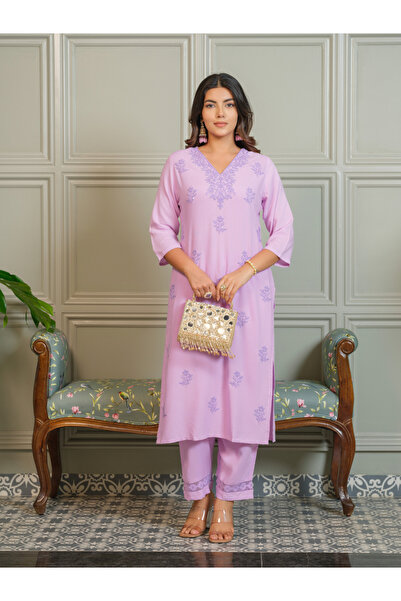 DW By Styli Women Pink Embroidered Straight Kurta and Trousers Co-Ords