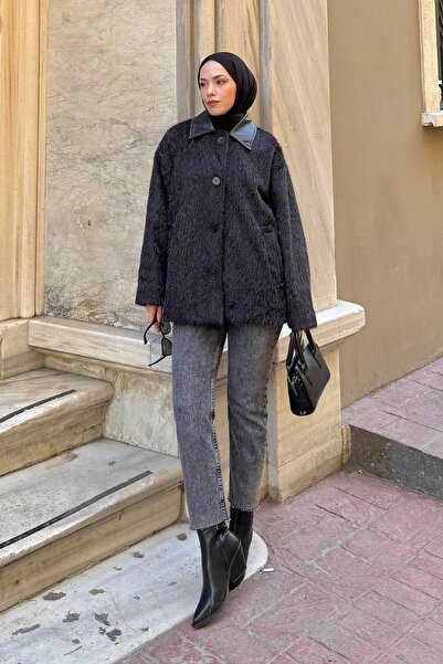 lamelif Leather Collar Coat Black