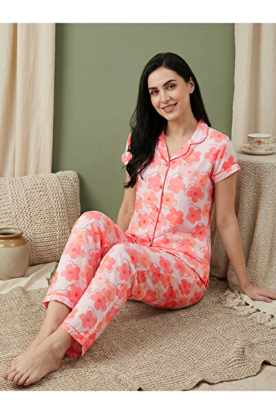 Mish By Styli Women Pink Floral Print Cotton Shirt and Pyjama Set