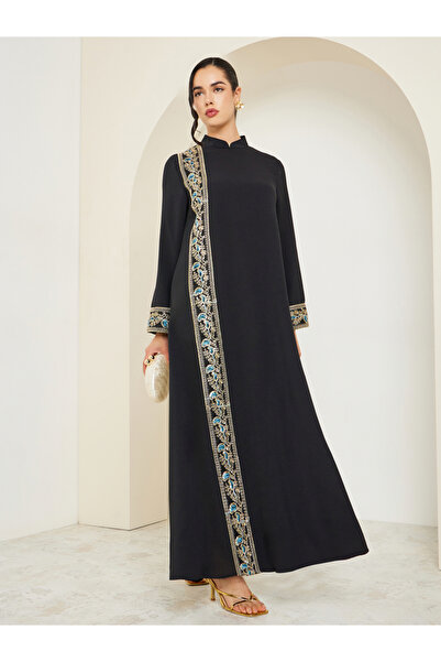 Styli Women Black Collared Lace Insert Jalabiya