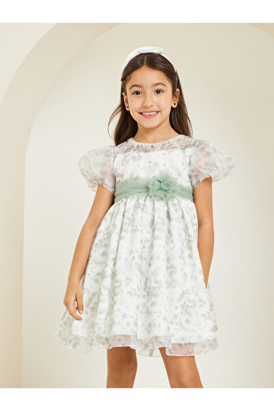 Styli فستان بناتي بأكمام منفوخة من الأورجانزا مطبوع بنقوش زهور