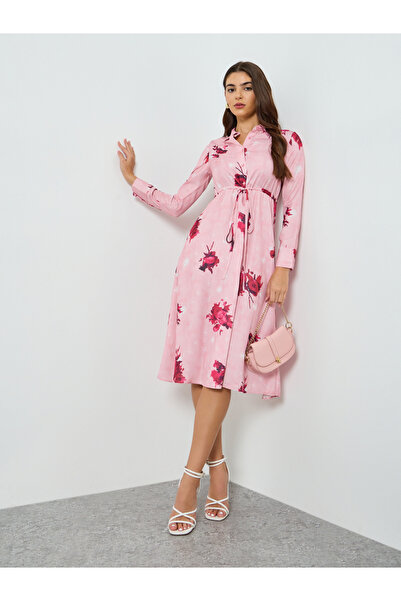 Styli Women Pink Floral Print A-Line Midi Dress
