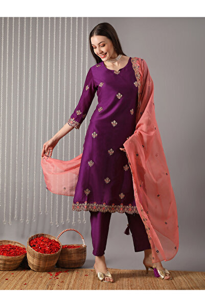 Globus By Styli Women Purple Floral Embroidered Straight Kurta with Pant and ...