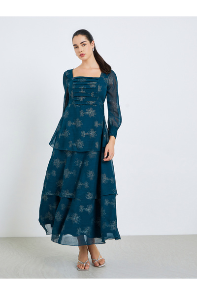 Styli Women Teal Floral Print Tiered Maxi Dress