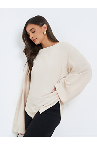 Styli Women Beige Asymmetric Hem Flared Sleeve Blouse