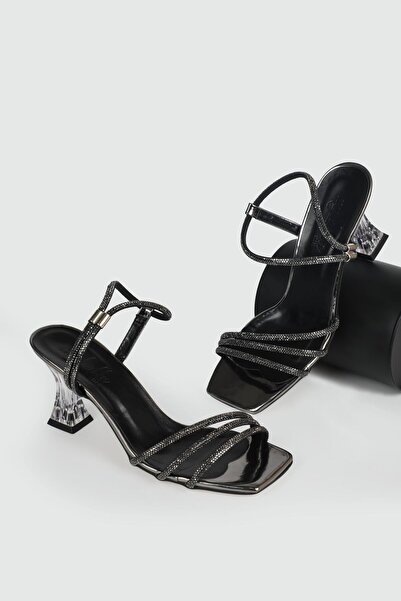 Ecru Işıl Işıl Platin Terlik Sandalet Şeffaf Topuklu Ayakkabı