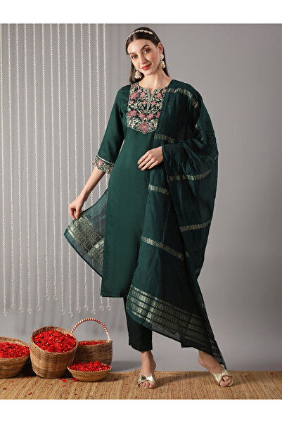 Globus By Styli Women Green Embroidered Straight Kurta with Pant and Dupatta Set