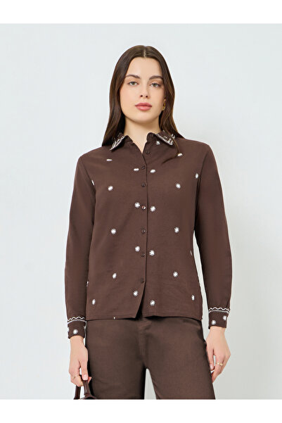 Styli Women Brown Front Embroidered Shirt