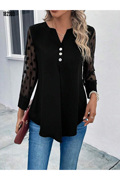 Kokosh moda بلوزة نسائية من الفيسكوز بتفاصيل أكمام من التول وياقة على شكل حرف V