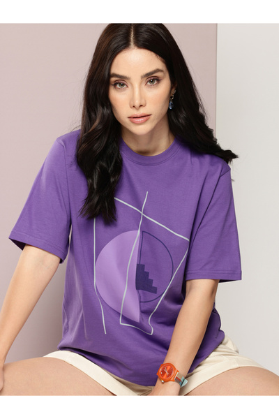 Dillinger By Styli Women Purple Oversized Graphic Printed T-Shirt