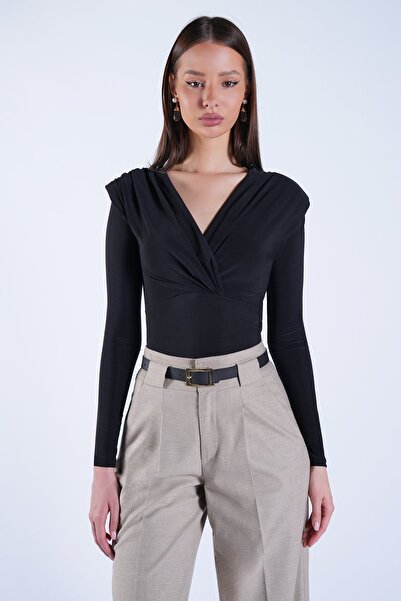 Trend Alaçatı Stili Bluză Sandy neagră pentru femei, cu guler dublu, umeri că...