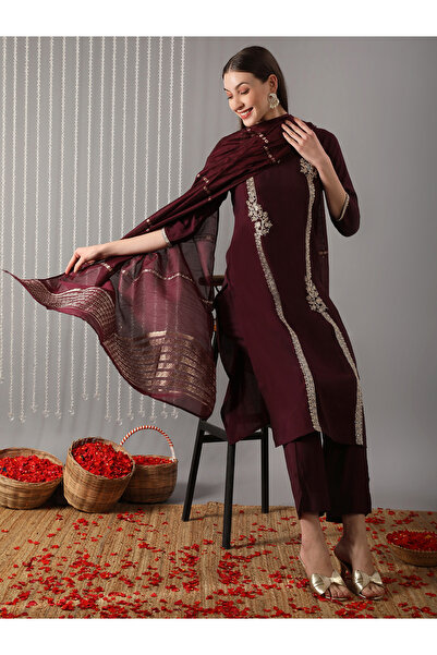 Globus By Styli Women Wine Round Neck Straight Kurta with Pant and Dupatta Set
