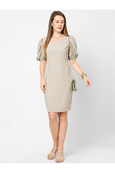 Mish By Styli Women Grey Puff Sleeves Sheath Knee Length Dress