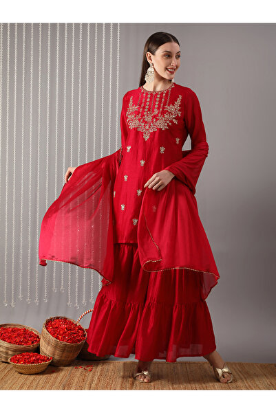 Globus By Styli Women Red Embroidered Detail Straight Kurta with Sharara and ...