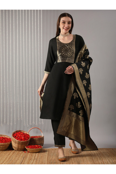 Globus By Styli Women Black Round Neck Yoke Kurta with Pant and Dupatta Set
