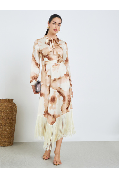 Styli Women Brown Printed Maxi Dress with Fringed Hem