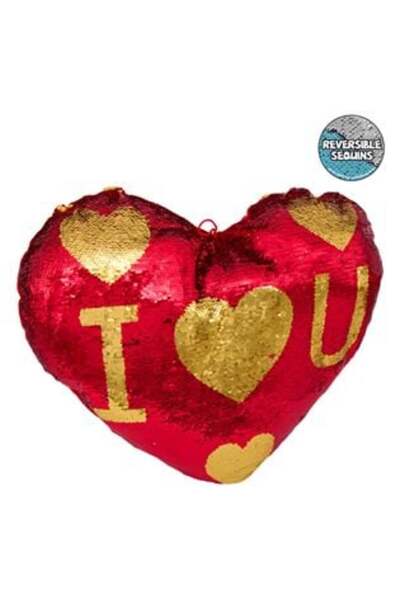 SHOPIENS Decorative Pillow Golden Red Heart with Sequins I Love You 51 x 44 cm